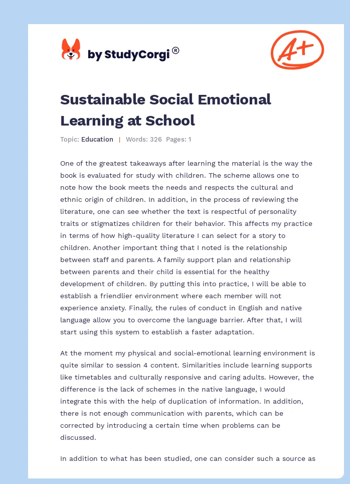 Sustainable Social Emotional Learning at School. Page 1