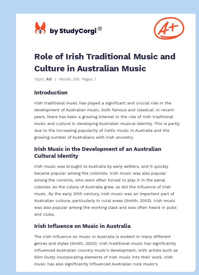 Role of Irish Traditional Music and Culture in Australian Music. Page 1