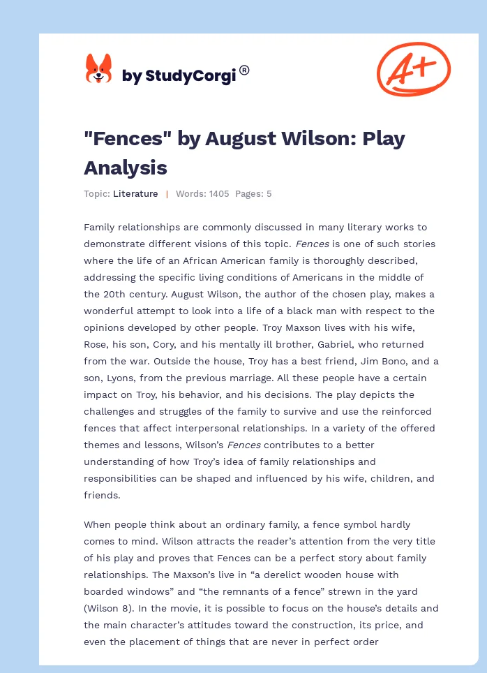 "Fences" by August Wilson: Play Analysis. Page 1