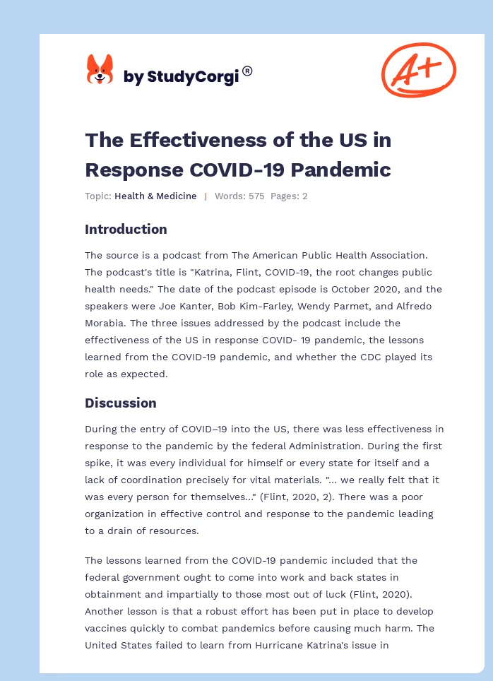 The Effectiveness of the US in Response COVID-19 Pandemic. Page 1
