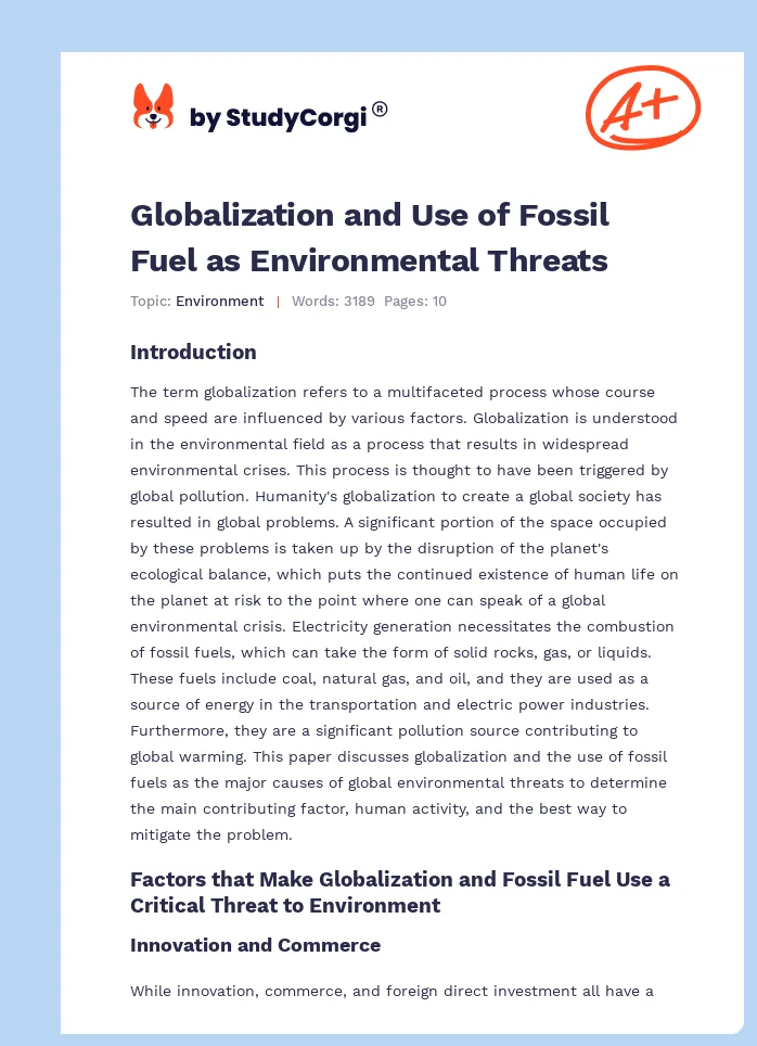 Globalization and Use of Fossil Fuel as Environmental Threats. Page 1