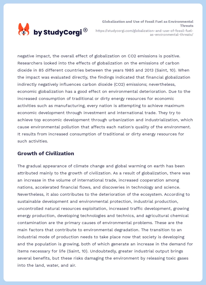 Globalization and Use of Fossil Fuel as Environmental Threats. Page 2