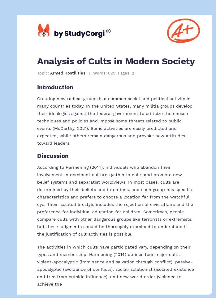Analysis of Cults in Modern Society. Page 1