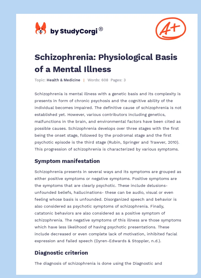 Schizophrenia: Physiological Basis of a Mental Illness. Page 1