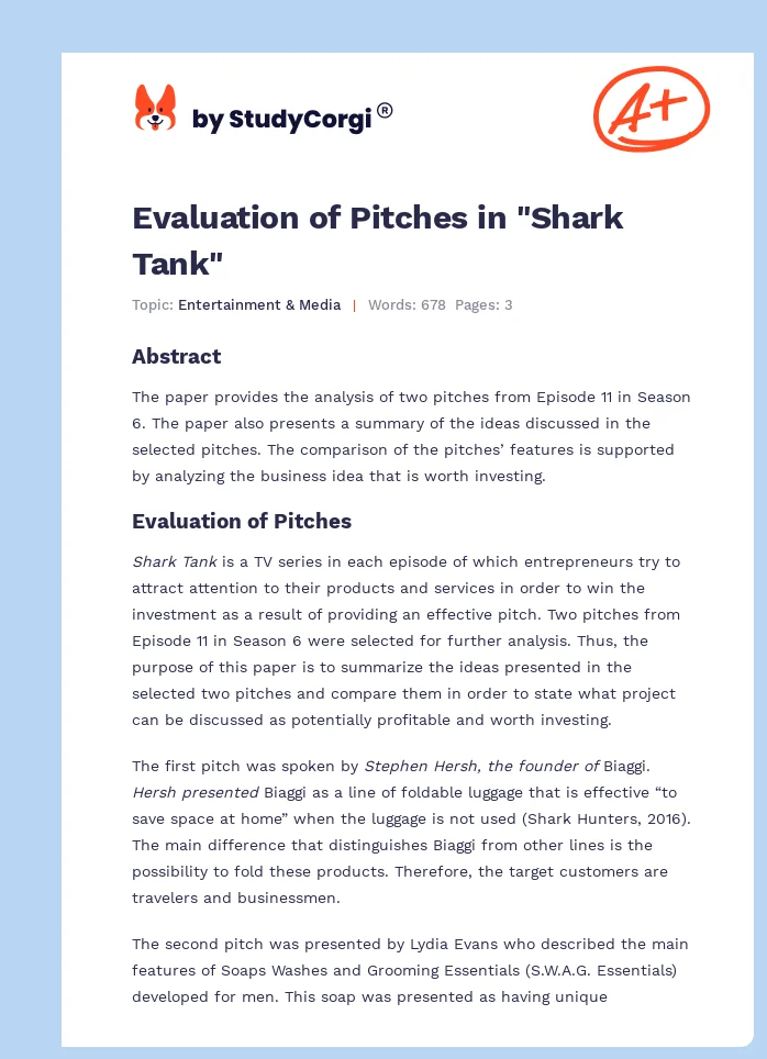 Evaluation of Pitches in "Shark Tank". Page 1