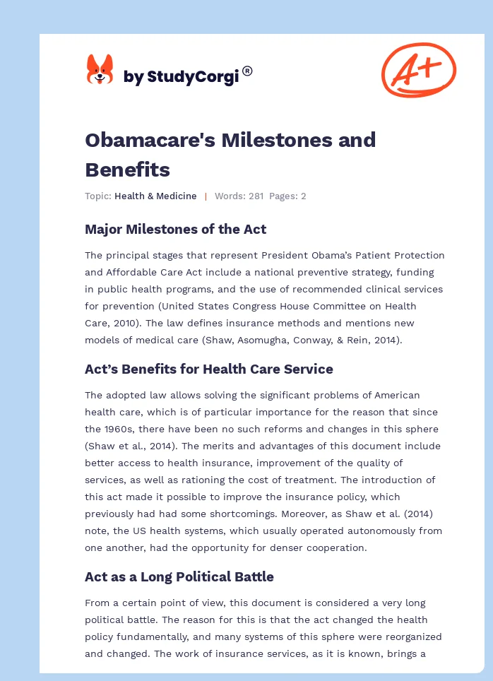 Obamacare's Milestones and Benefits. Page 1