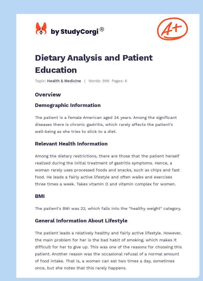 Dietary Analysis and Patient Education. Page 1