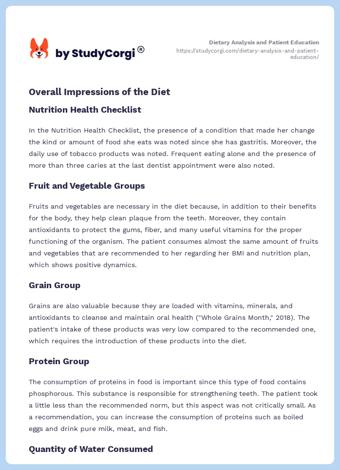Dietary Analysis and Patient Education. Page 2