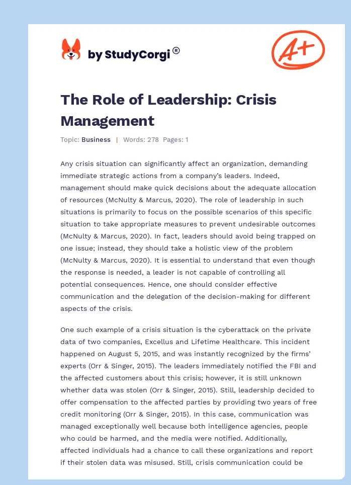 The Role of Leadership: Crisis Management. Page 1