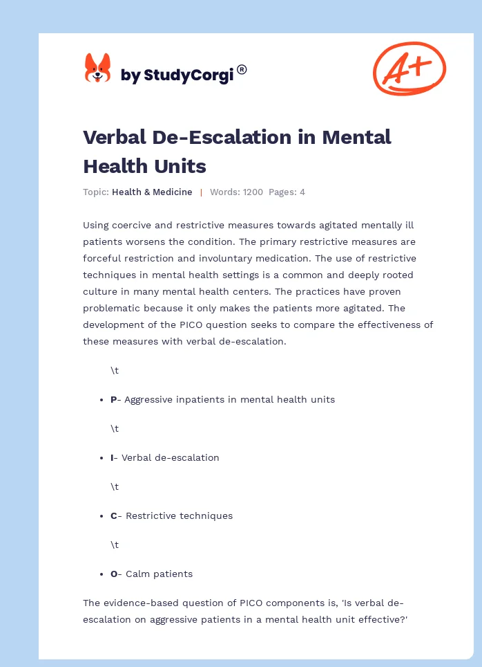 Verbal De-Escalation in Mental Health Units. Page 1