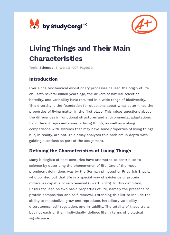 Living Things and Their Main Characteristics. Page 1