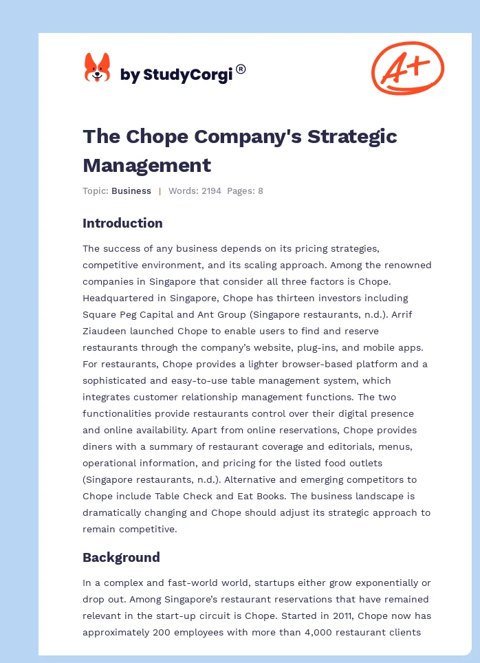 The Chope Company's Strategic Management. Page 1