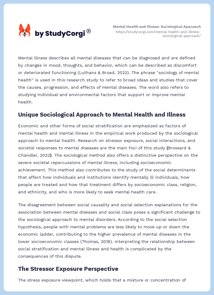 Mental Health and Illness: Sociological Approach. Page 2