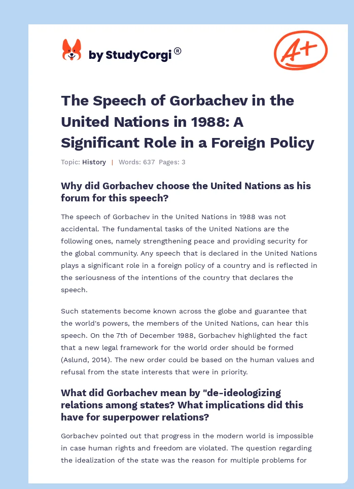 The Speech of Gorbachev in the United Nations in 1988: A Significant Role in a Foreign Policy. Page 1