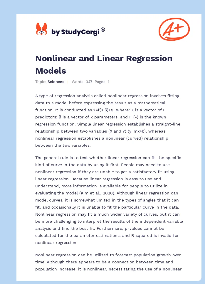 Nonlinear and Linear Regression Models. Page 1