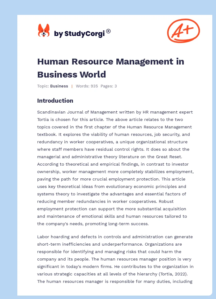 Human Resource Management in Business World. Page 1