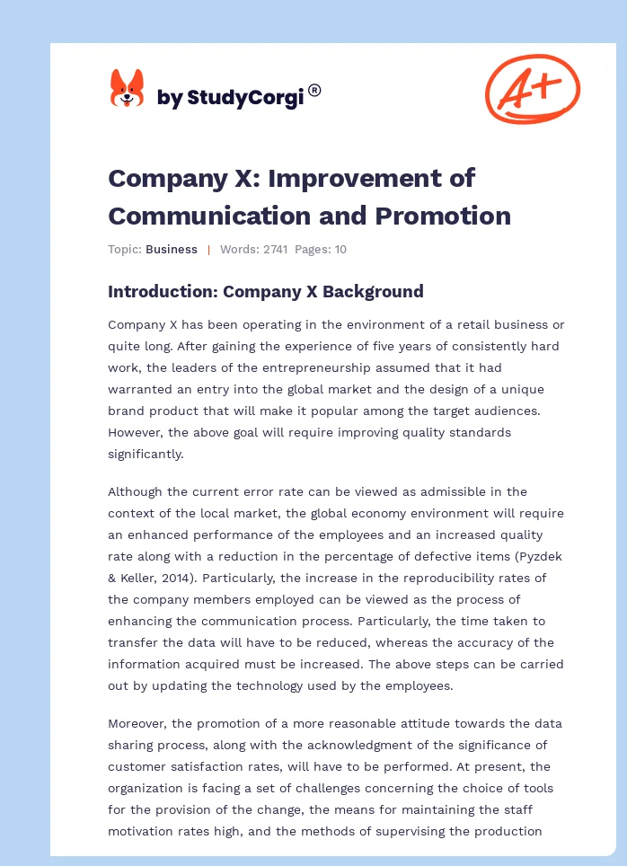 Company X: Improvement of Communication and Promotion. Page 1