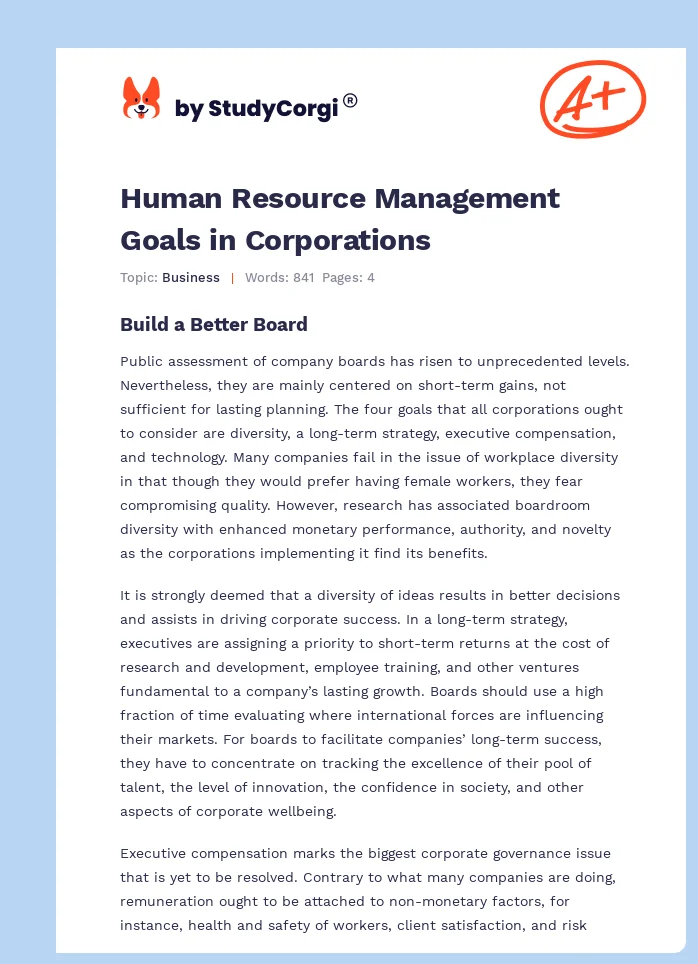 Human Resource Management Goals in Corporations. Page 1