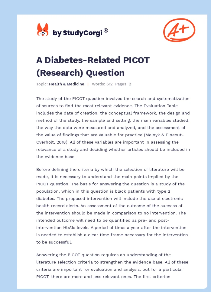 A Diabetes-Related PICOT (Research) Question. Page 1