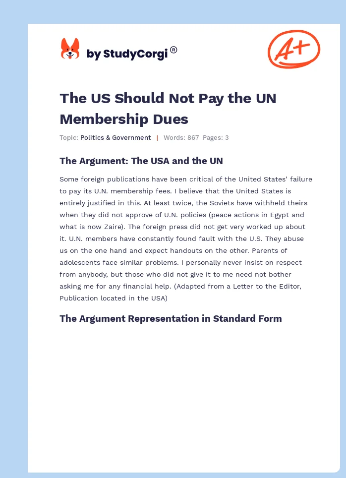 The US Should Not Pay the UN Membership Dues. Page 1