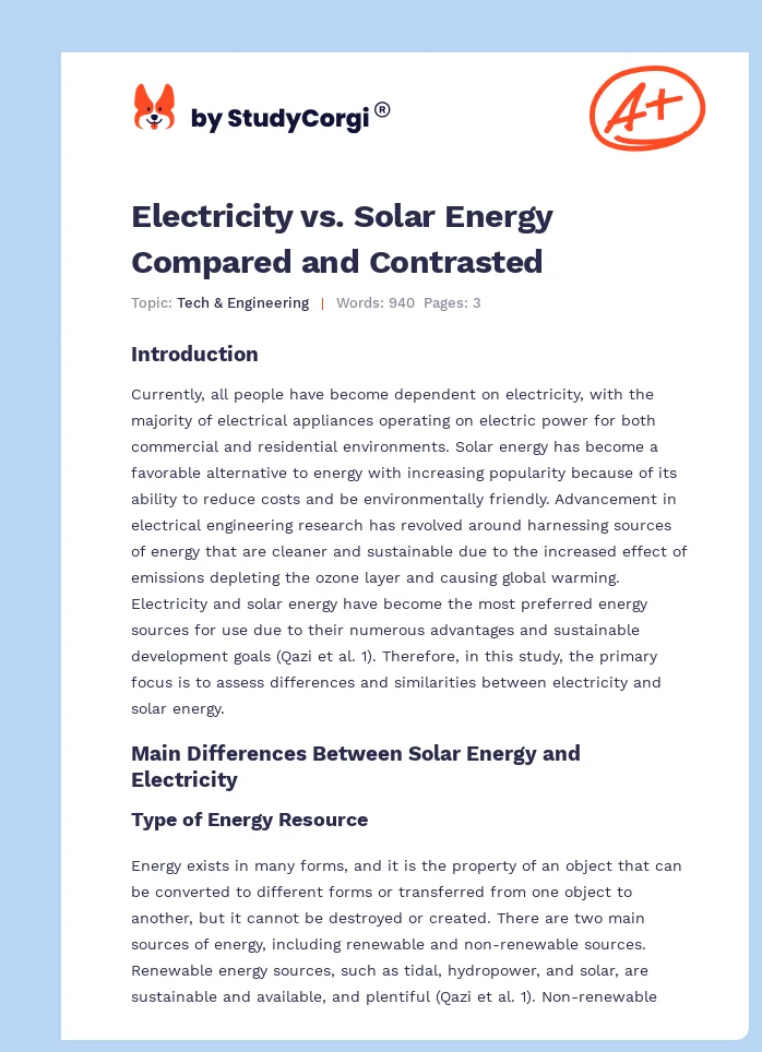 Electricity vs. Solar Energy Compared and Contrasted. Page 1