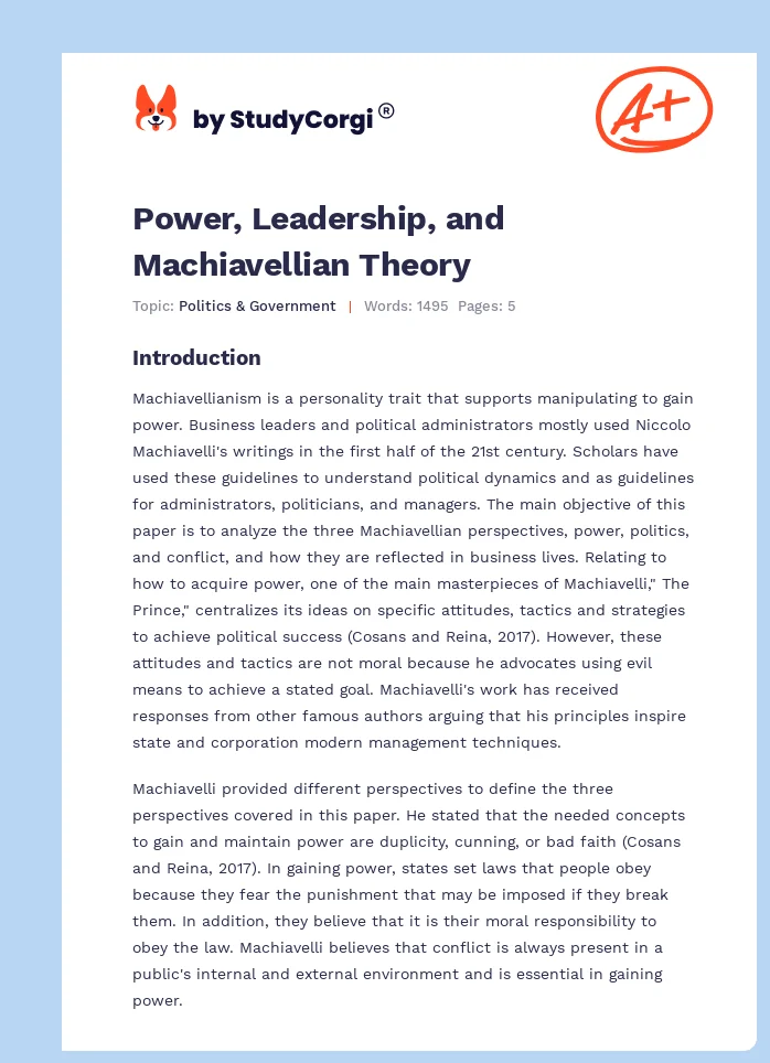 Power, Leadership, and Machiavellian Theory. Page 1