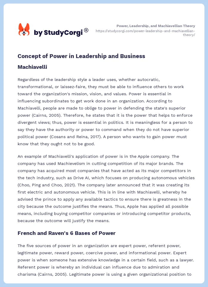 Power, Leadership, and Machiavellian Theory. Page 2