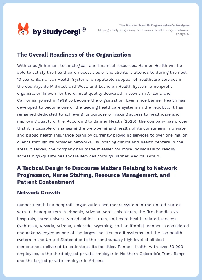 The Banner Health Organization's Analysis. Page 2