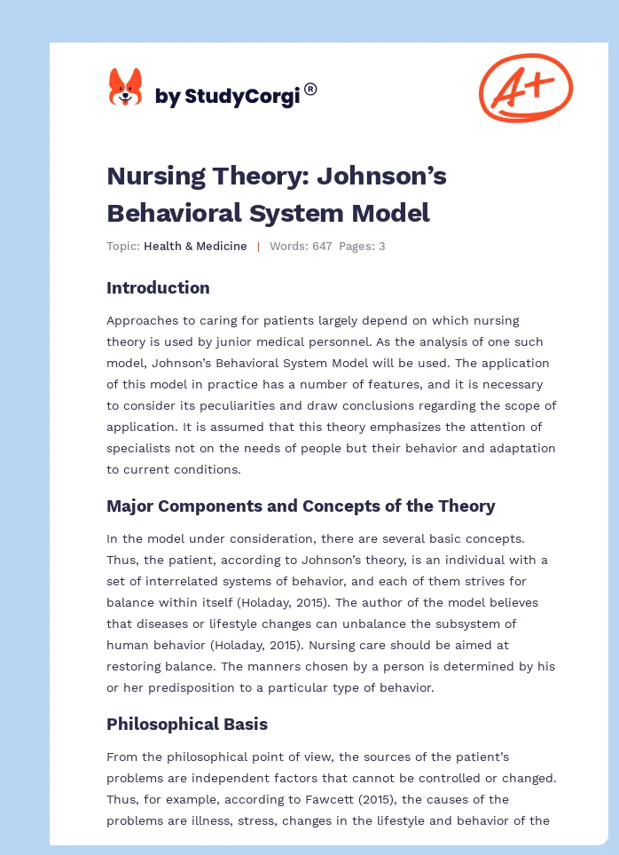 Nursing Theory: Johnson’s Behavioral System Model. Page 1