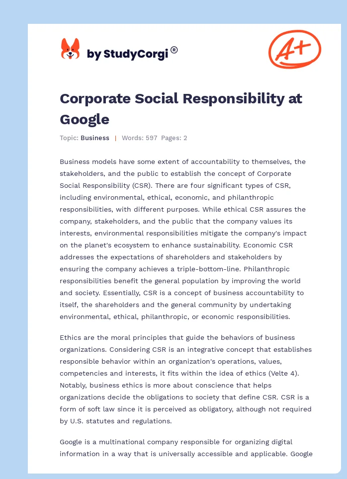 Corporate Social Responsibility at Google. Page 1