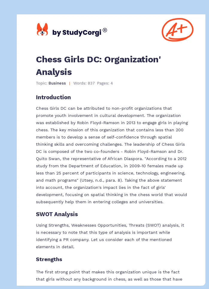 Chess Girls DC: Organization' Analysis. Page 1