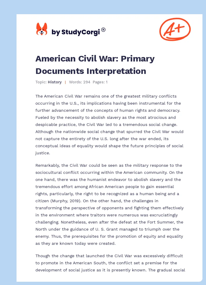 American Civil War: Primary Documents Interpretation. Page 1