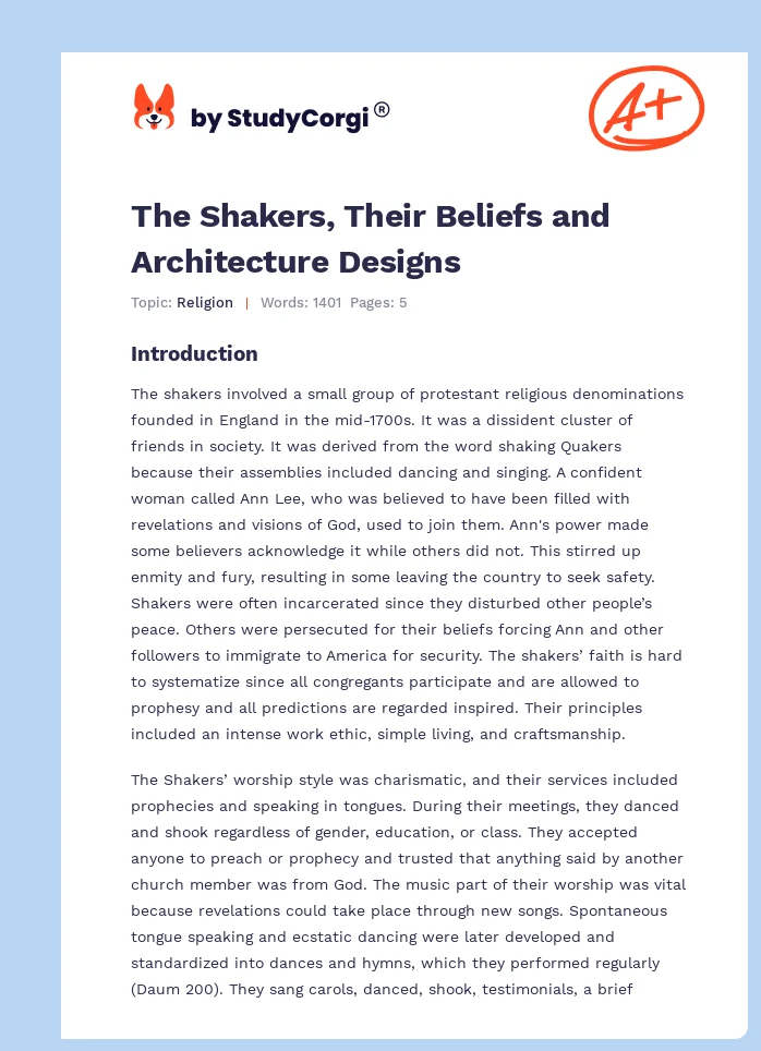 The Shakers, Their Beliefs and Architecture Designs. Page 1