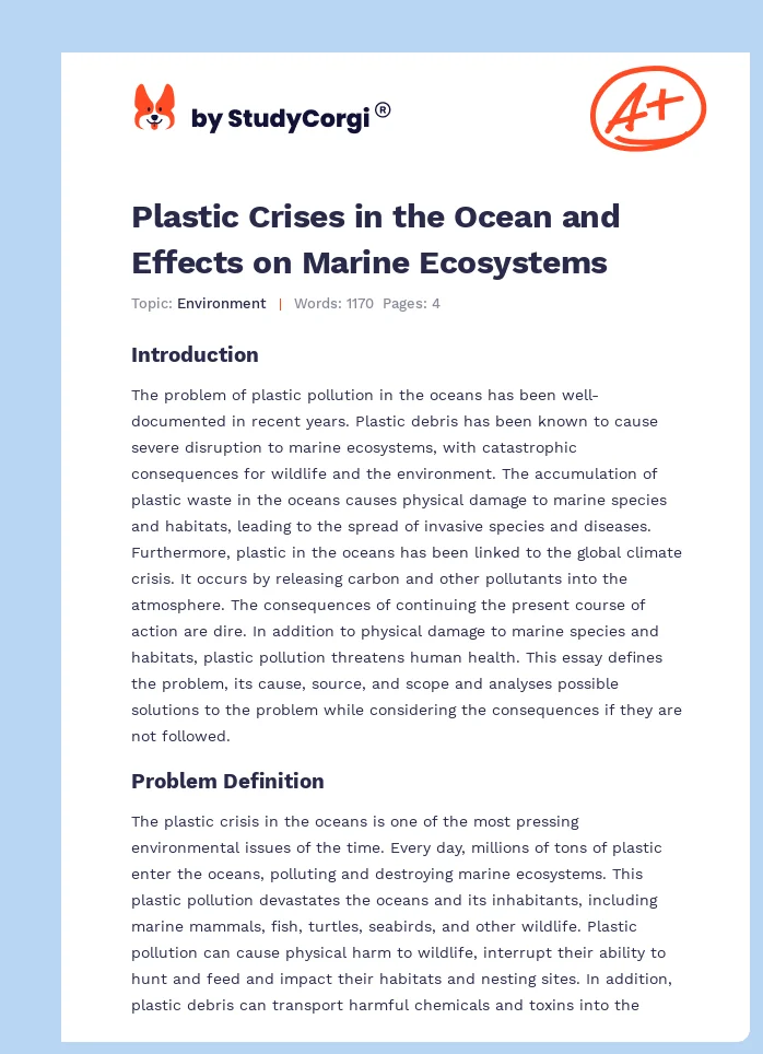 Plastic Crises in the Ocean and Effects on Marine Ecosystems. Page 1