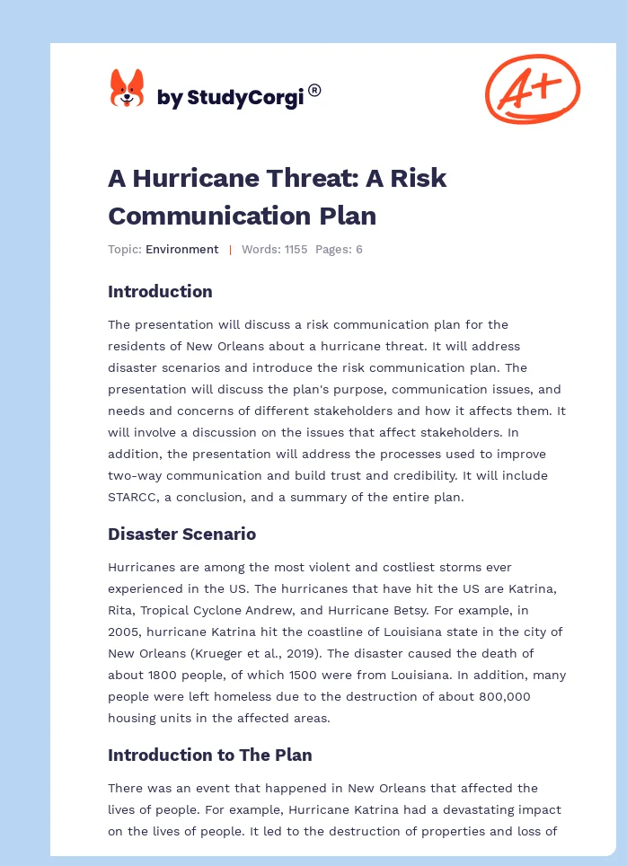 A Hurricane Threat: A Risk Communication Plan. Page 1