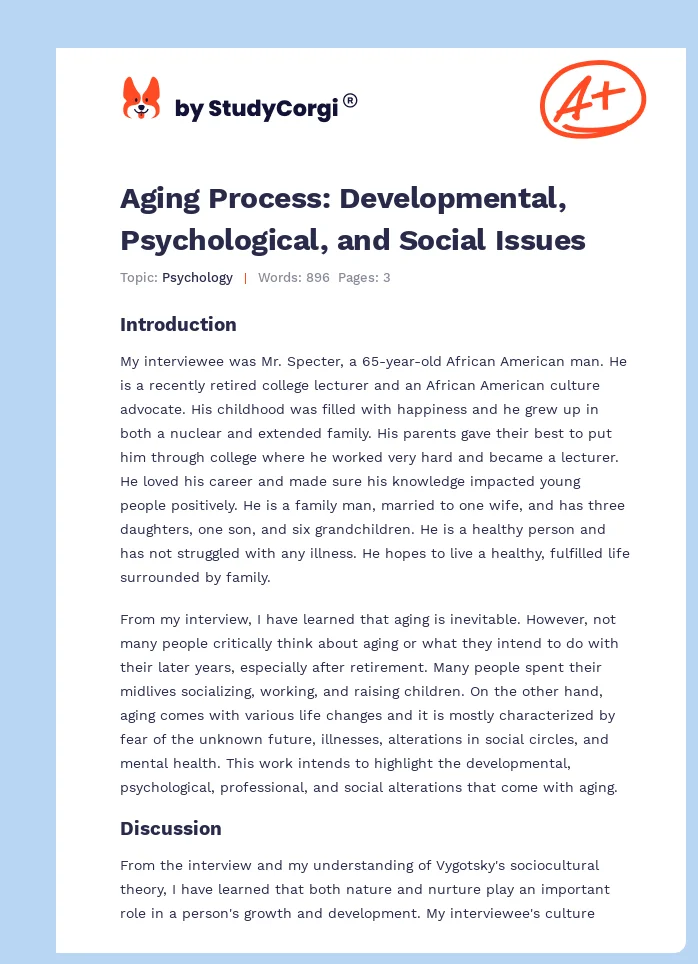 Aging Process: Developmental, Psychological, and Social Issues. Page 1