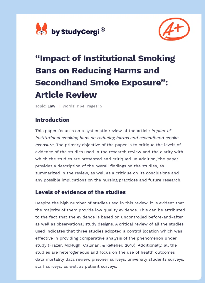 “Impact of Institutional Smoking Bans on Reducing Harms and Secondhand Smoke Exposure”: Article Review. Page 1
