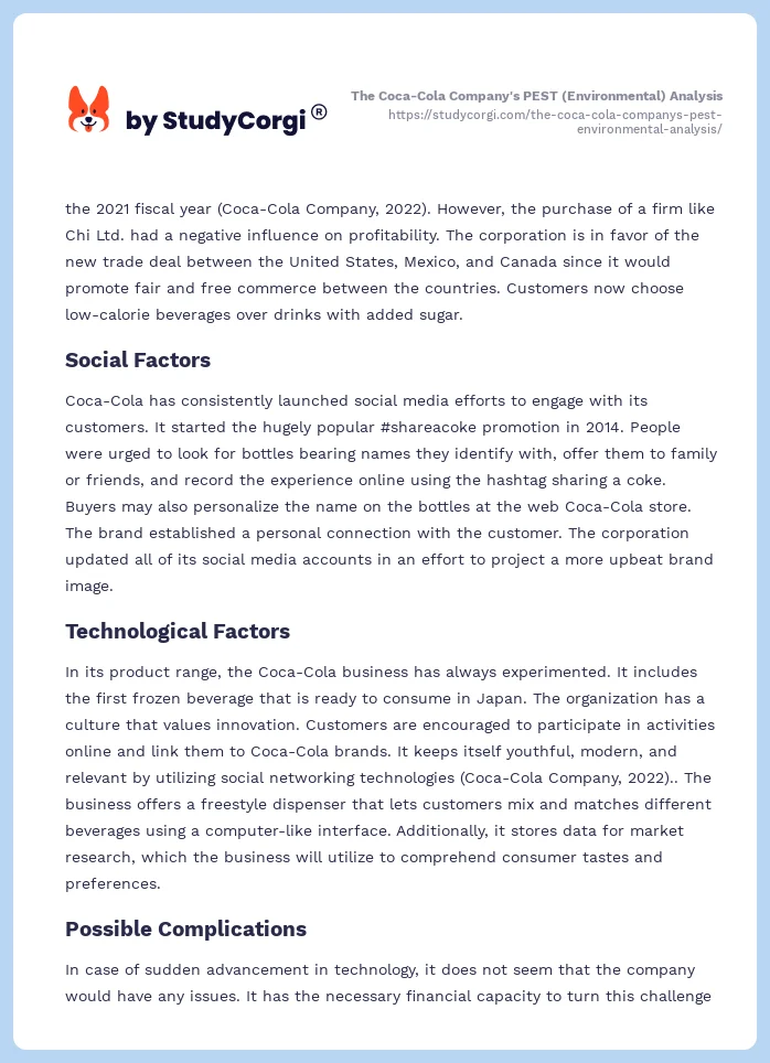 The Coca-Cola Company's PEST (Environmental) Analysis. Page 2