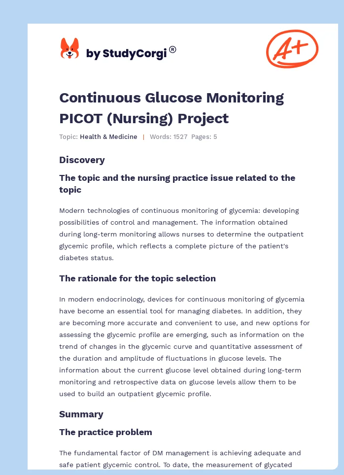 Continuous Glucose Monitoring PICOT (Nursing) Project. Page 1