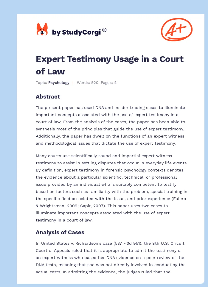Expert Testimony Usage in a Court of Law. Page 1