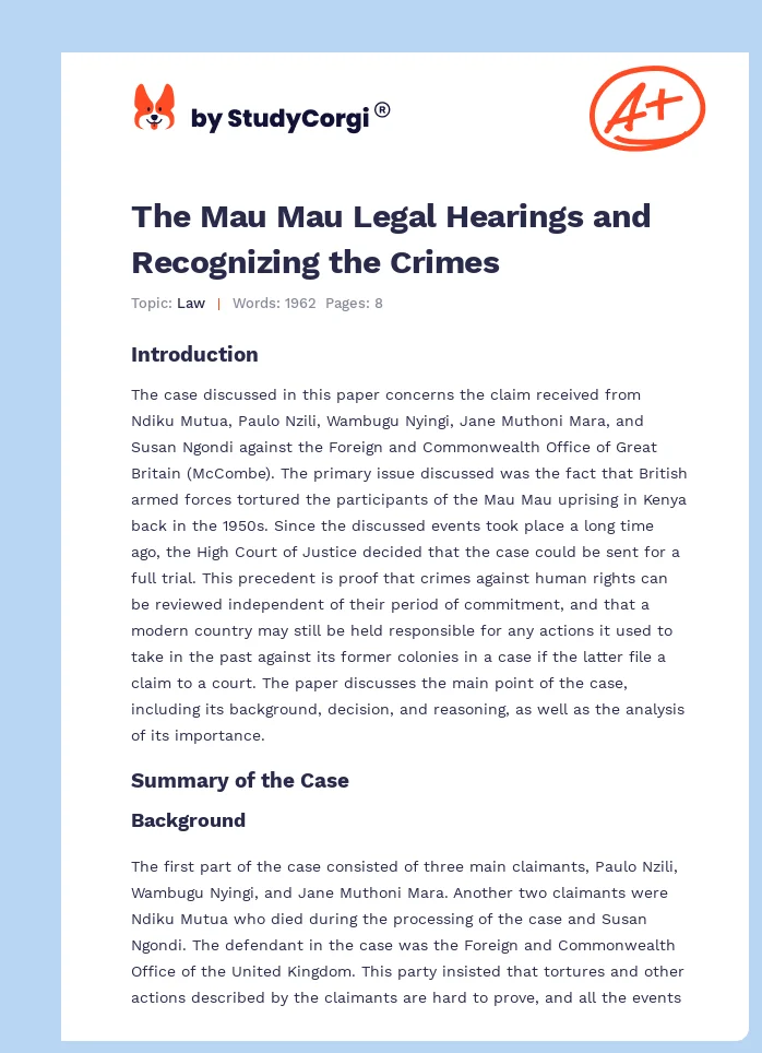 The Mau Mau Legal Hearings and Recognizing the Crimes. Page 1