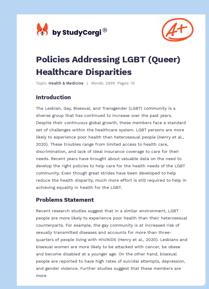 Policies Addressing LGBT (Queer) Healthcare Disparities. Page 1