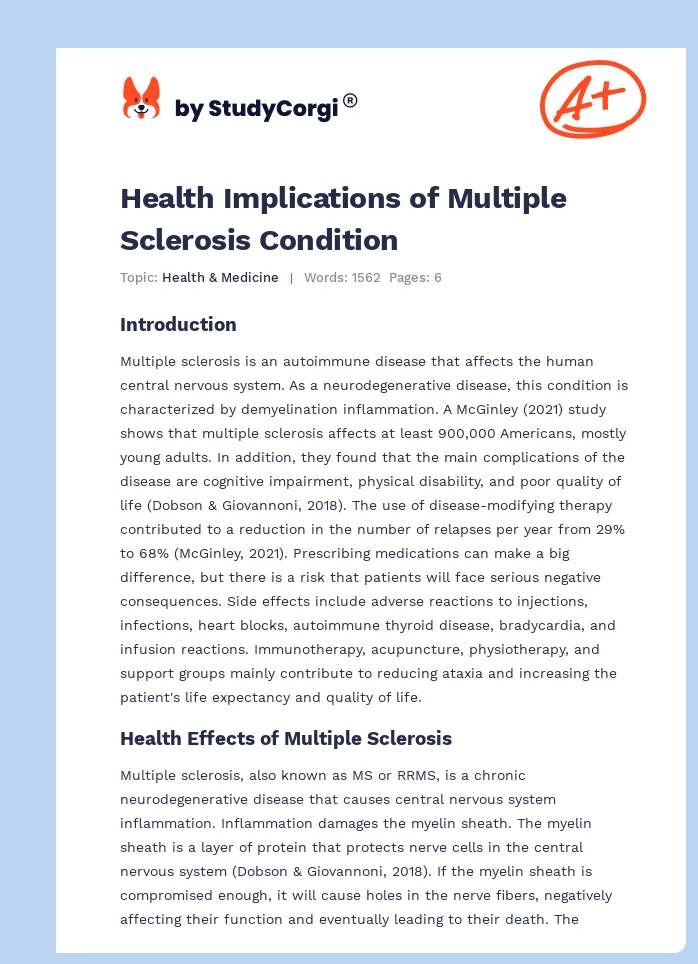 Health Implications of Multiple Sclerosis Condition. Page 1