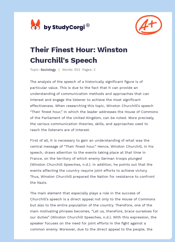 Their Finest Hour: Winston Churchill's Speech. Page 1