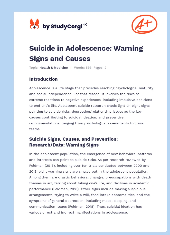 Suicide in Adolescence: Warning Signs and Causes. Page 1