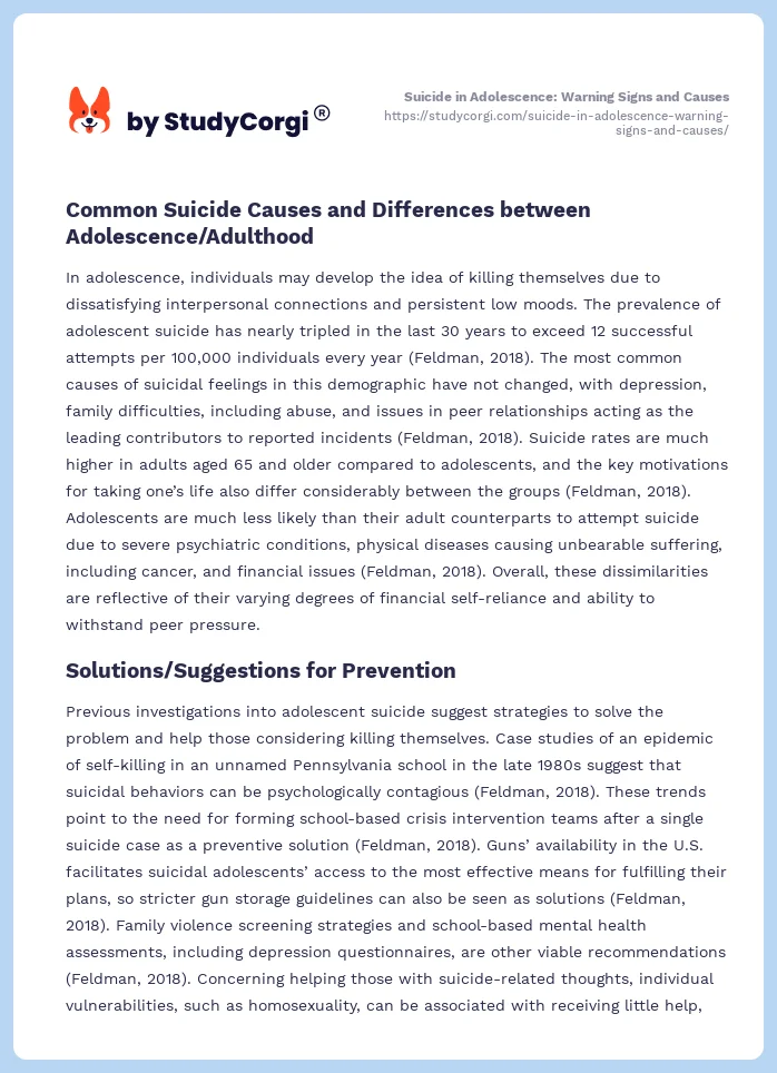 Suicide in Adolescence: Warning Signs and Causes. Page 2