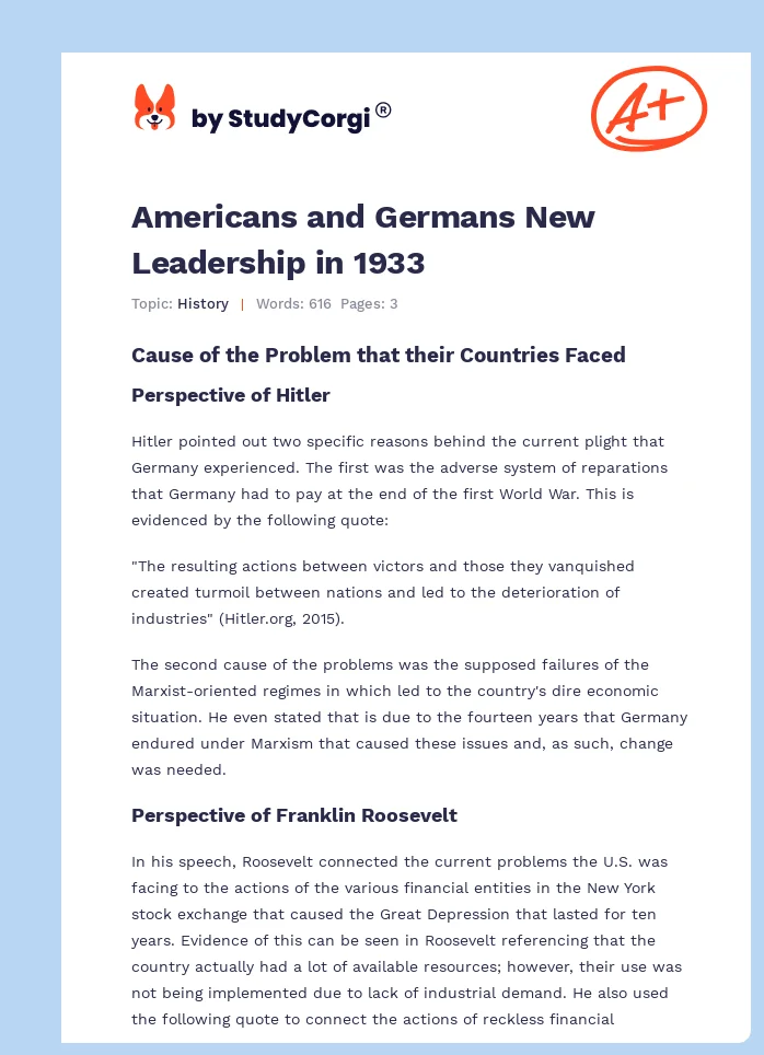 Americans and Germans New Leadership in 1933. Page 1