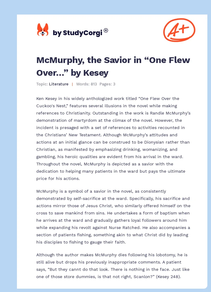 McMurphy, the Savior in “One Flew Over…” by Kesey. Page 1