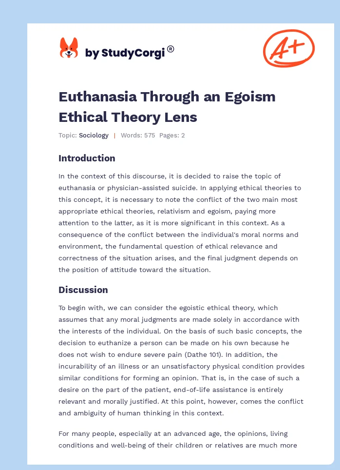 Euthanasia Through an Egoism Ethical Theory Lens. Page 1