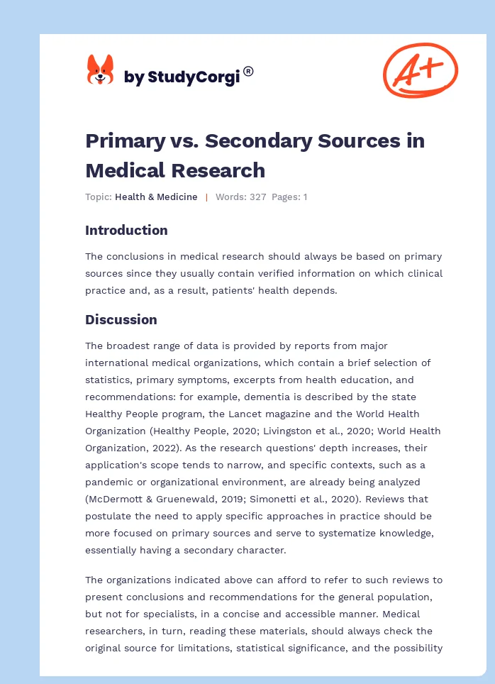 Primary vs. Secondary Sources in Medical Research. Page 1